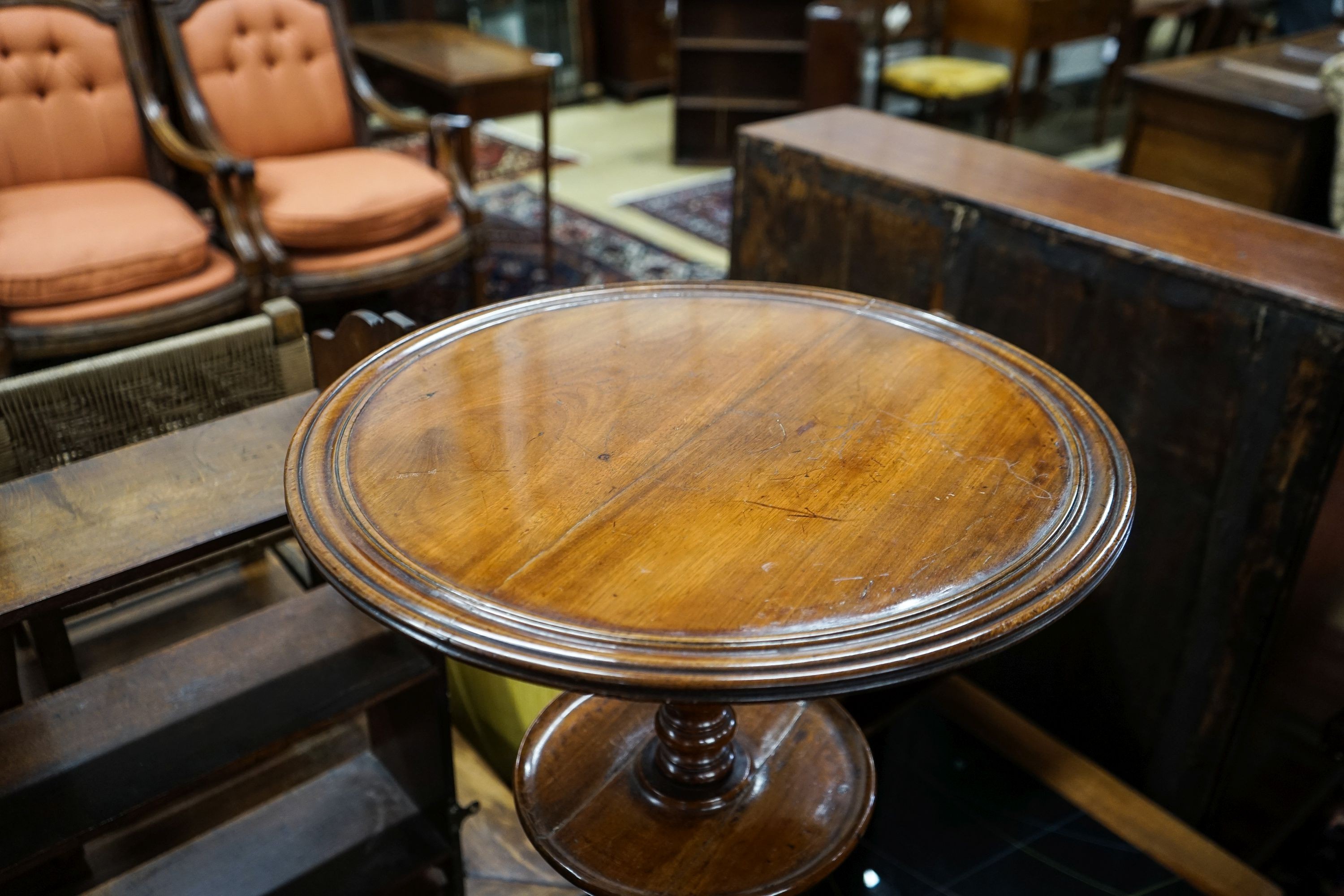 A French two tier mahogany Gueridon tripod table, diameter 48cm, height 72cm